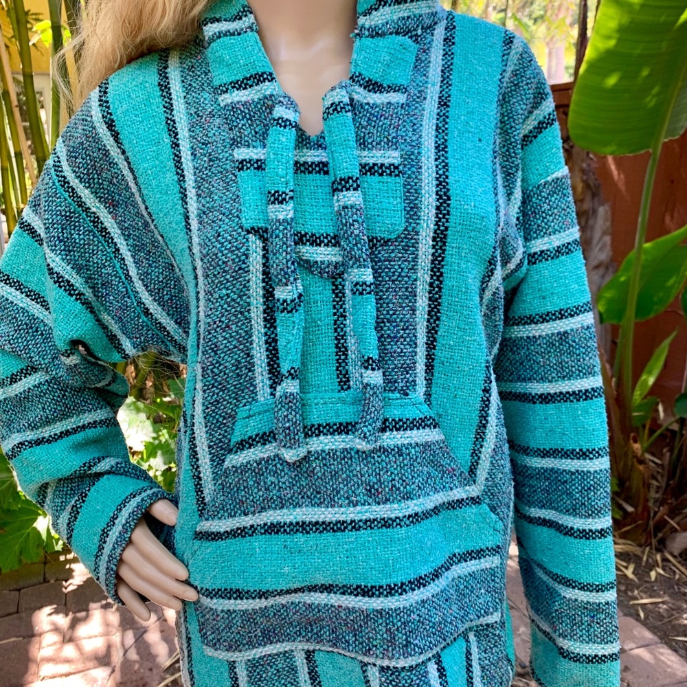 Teal Aquamarine Mexican poncho hoodie
